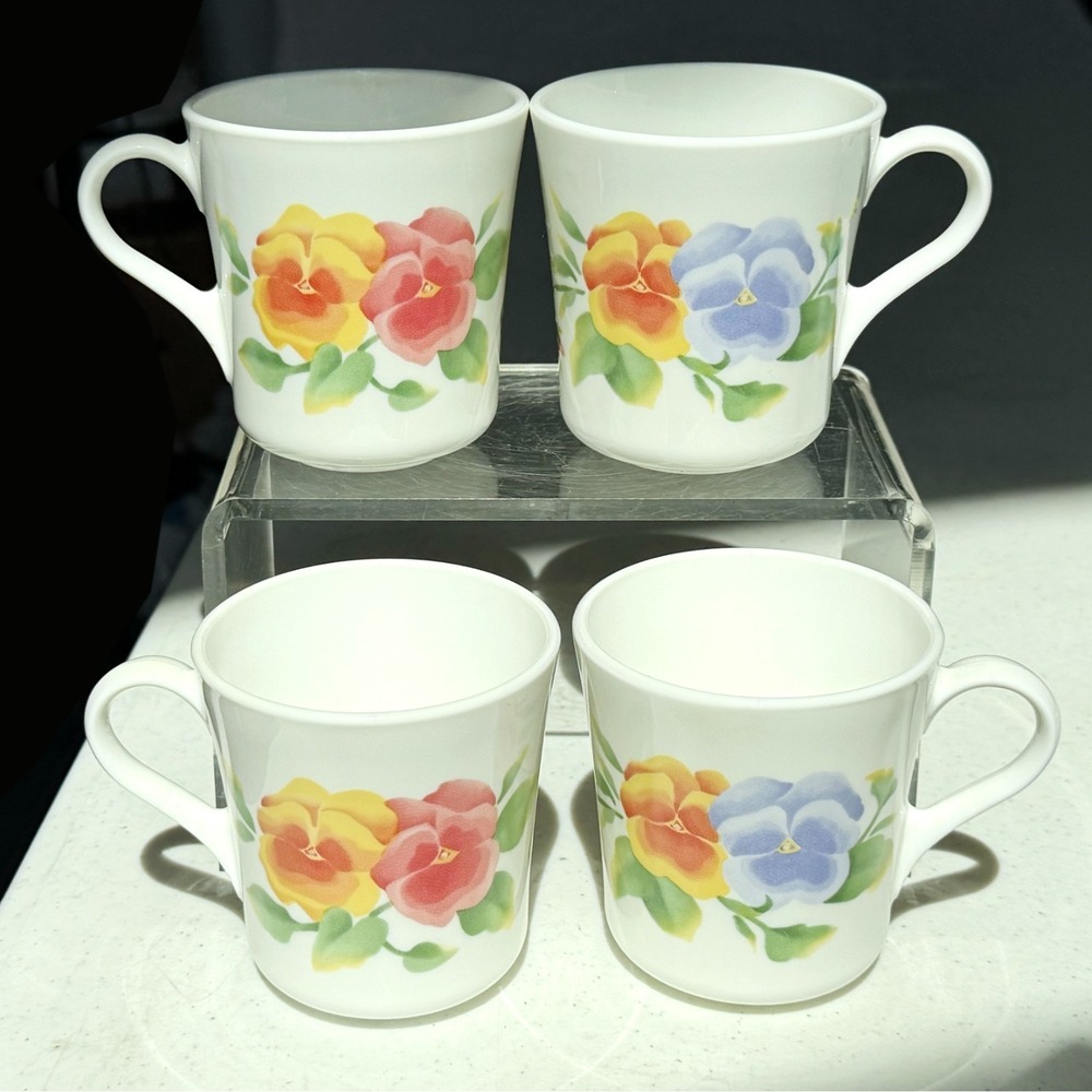 Vintage Corelle CorningWare Summer Blush Coffee Cup Pansies Floral Set of 4